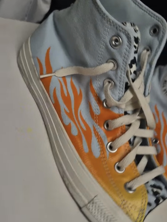 Shoes - Light Blue High-Top Sneakers with Orange Flame Graphic